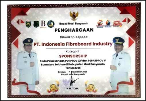 Cover Penghargaan Kategori Sponsorship pada Pelaksanaan PORPROV XV dan PEPARPROV V Sumatra Selatan di Kabupaten Musi Banyuasin.