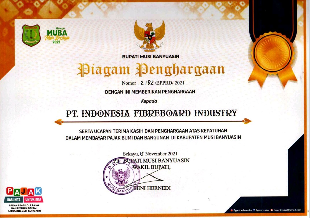 Cover Piagam Penghargaan atas Kepatuhan dalam Membayar Pajak Bumi dan Bangunan di Kabupaten Musi Banyuasin.