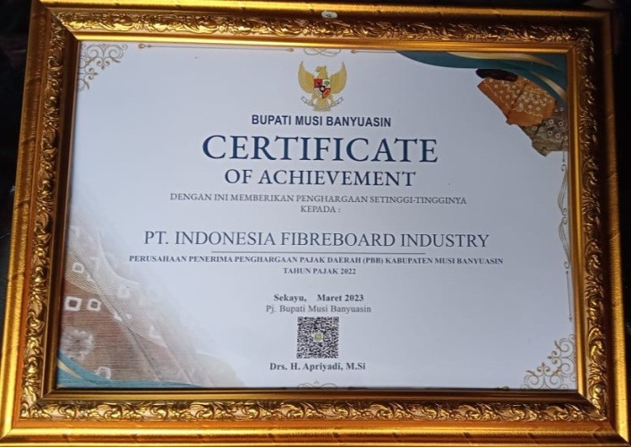 Cover Sertifikat Perusahaan Penerima Penghargaan Pajak Daerah (PBB) Kabupaten Musi Banyuasin Tahun Pajak 2022.